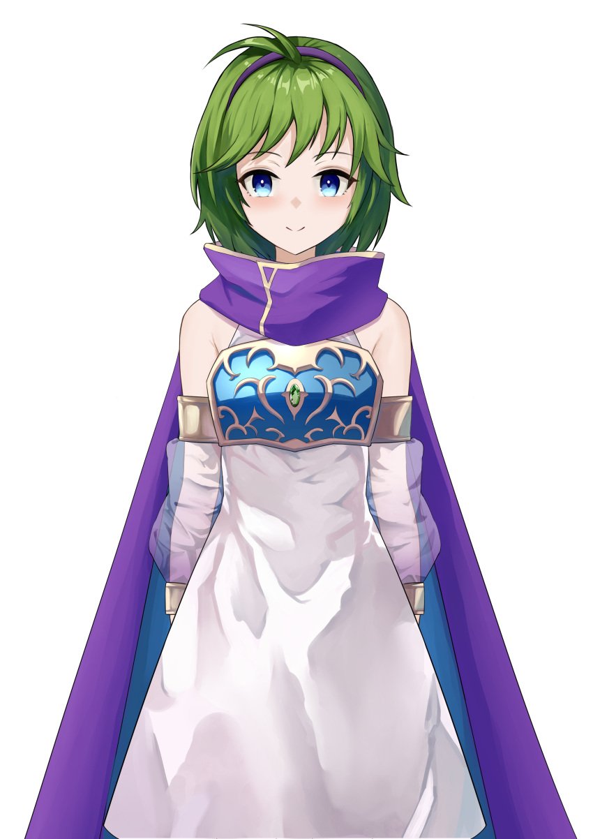 1girls ahoge alternate_costume blue_eyes breasts cape detached_sleeves dogansa dress female female_only fire_emblem fire_emblem:_the_blazing_blade fire_emblem_heroes green_hair hairband looking_at_viewer nino_(fire_emblem) nino_(khadein)_(fire_emblem) nintendo official_alternate_costume see-through short_hair small_breasts smile solo