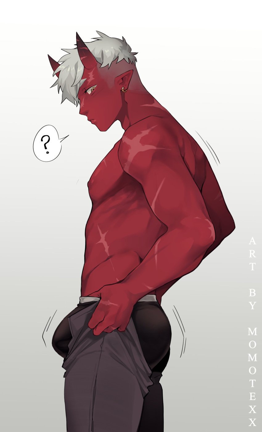 1boy akumi bulge dressing male_only momotexx_(artist) oni oni_horns red_skin rule_63 scarredheartcomic tight_pants_(meme) topless virtual_youtuber vyugen