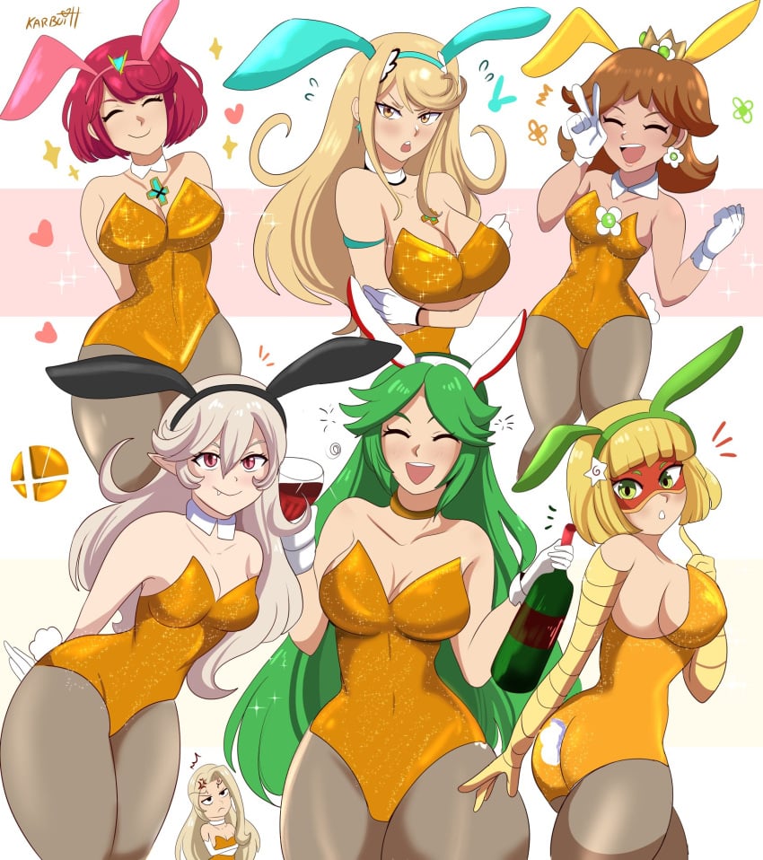 6+girls 7girls alcohol alternate_costume animal_ears arms_(game) blonde blonde_female blonde_hair blonde_hair_female brown_hair brown_hair_female bunny_costume bunny_ear bunny_ears bunny_girl bunny_tail bunnygirl bunnysuit closed_eyes company_connection corrin_(fire_emblem) corrin_(fire_emblem)_(female) crossover eyes_closed eyess_closed fake_animal_ears fake_tail female_focus female_only fire_emblem fire_emblem_fates gray_hair green_eyes green_hair green_hair_female grey_hair grey_hair_female group happy karbuitt kid_icarus leotard long_blonde_hair long_gray_hair long_green_hair long_hair mario_(series) min_min_(arms) mythra nintendo palutena pantyhose princess_daisy pyra red_eyes red_hair red_hair_female short_blonde_hair short_hair short_hair_female silver_hair silver_hair_female simple_background smile smiling source_request standing strapless strapless_leotard super_smash_bros. super_smash_bros._ultimate tail viridi white_background wine wine_bottle wine_glass xenoblade_(series) xenoblade_chronicles xenoblade_chronicles_(series) xenoblade_chronicles_2 yellow_eyes