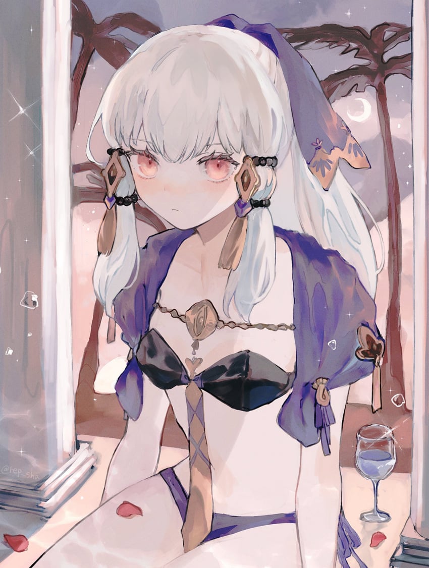 1girls alternate_costume bikini black_bikini black_swimsuit blush breasts closed_mouth commentary_request cup drinking_glass female female female_only fire_emblem fire_emblem:_three_houses hair_between_eyes hair_ornament highres long_hair looking_at_viewer lysithea_von_ordelia moon night night_sky palm_tree petals pink_eyes purple_bikini purple_swimsuit repu_(rep_sha) sitting sky small_breasts solo star_(sky) swimsuit tree twitter_username two-tone_bikini veil white_hair