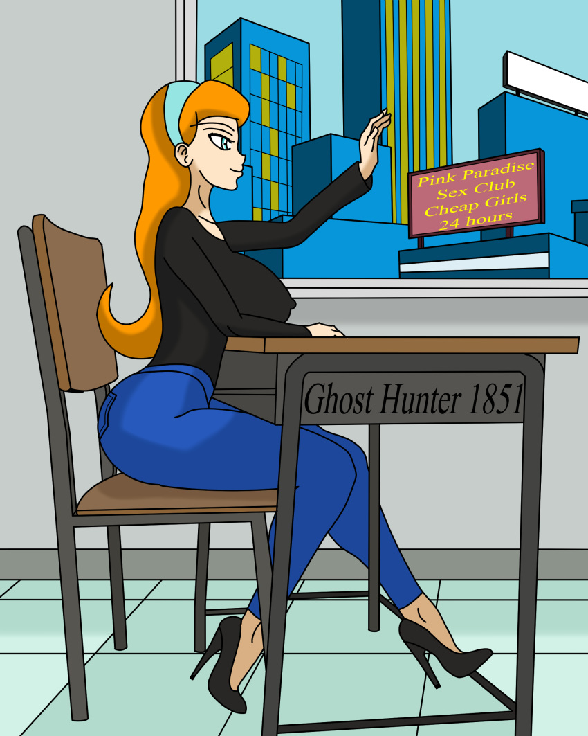 1girls blouse blue_eyes bubble_butt classroom commentary_request danny_phantom desk female female_only ghosthunter1851(artist) high_heels huge_breasts jazz_fenton jeans large_breasts long_hair long_legs nickelodeon red_hair smiling solo tight_clothing