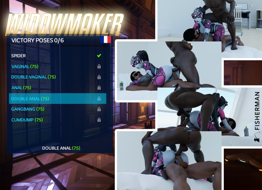 3d amelie_lacroix anal anal_sex big_ass big_breasts big_butt big_penis black_hair blender blizzard_entertainment dark-skinned_male dark_skin double_anal double_penetration english_text fisherman helmet huge_cock interracial overwatch pink_eyes purple_skin spider_widowmaker text watermark widowmaker