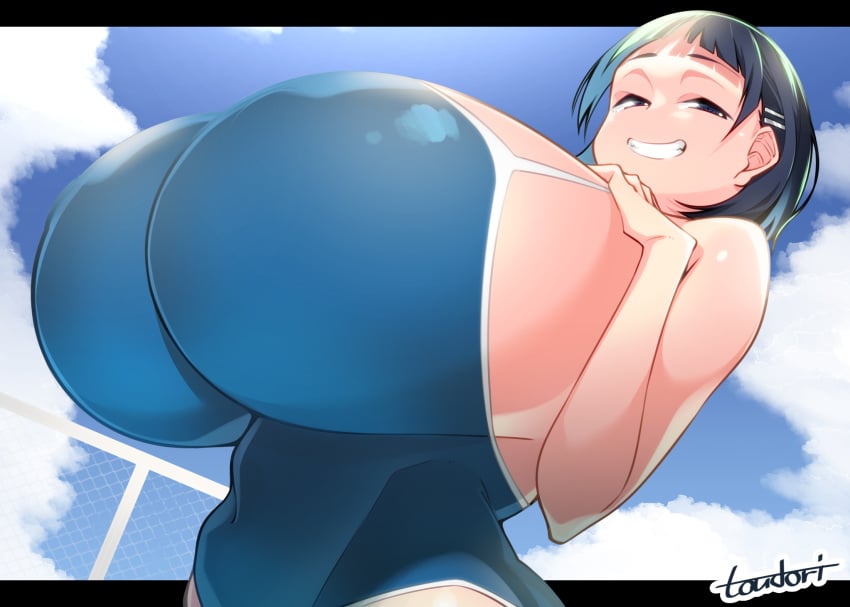 below_view black_hair gigantic_breasts hairclip hands_on_breasts kirigaya_suguha pale_skin school_swimsuit size_fetish smirk smug smug_face smug_grin swimsuit sword_art_online toudori