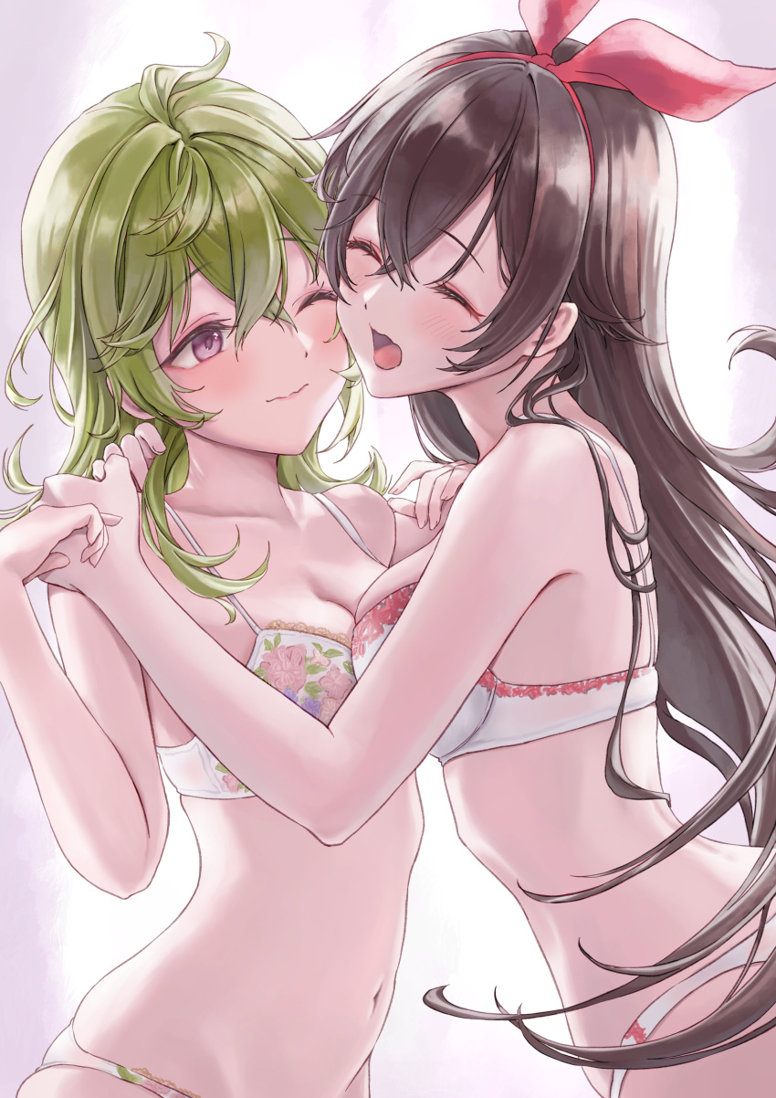 2girls amber_(genshin_impact) blush bra breasts brown_hair closed_eyes collei_(genshin_impact) female_only genshin_impact green_hair hi_res hug huziko32 open_mouth panties underwear wholesome yuri