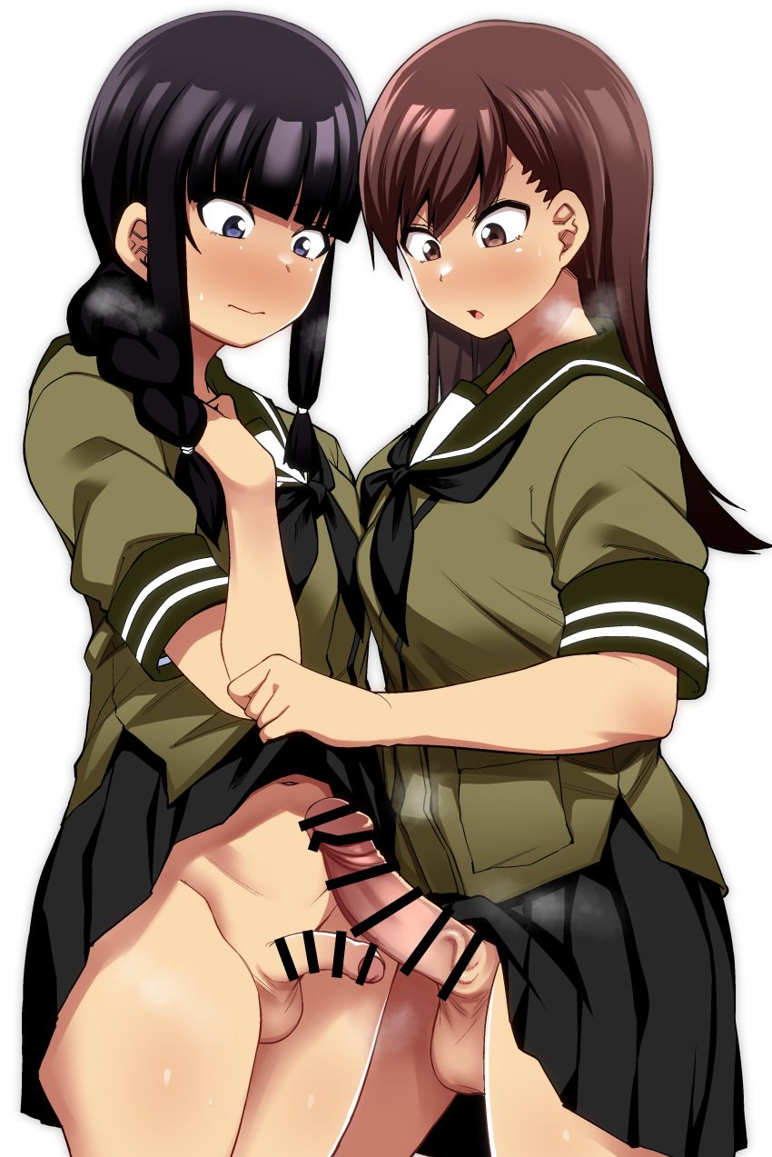 2futas absurdres bangs bar_censor black_hair black_skirt blunt_bangs blush bottomless braid breasts brown_eyes brown_hair censored closed_mouth clothed clothes_lift clothing duo erection foreskin futa_only futa_with_futa futanari highres human kantai_collection kitakami_(kantai_collection) lifted_by_another light-skinned_futanari light_skin long_hair looking_at_penis mostly_clothed no_panties ooi_(kantai_collection) parted_lips penis penis_size_difference penises_touching pleated_skirt pureone000 sailor_collar school_uniform serafuku sidelocks simple_background single_braid size_comparison skirt skirt_lift standing sweat white_background