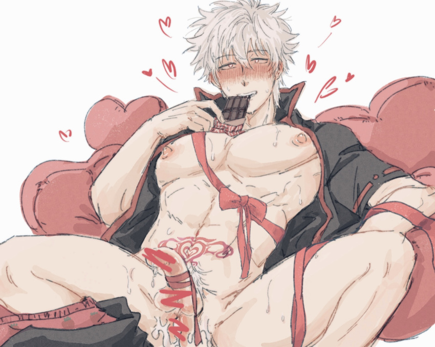 after_anal after_ejaculation after_orgasm after_sex anus big_pecs blush censored chocolate cum cum_in_ass cum_inside gay gintama gintoki_sakata half-erect heart heart-shaped_pupils looking_pleasured male male_only open_shirt ourjaune pants_around_one_leg pants_down pecs penis popped_collar pubic_tattoo ribbon_on_penis solo spread_legs sweat tied_penis toned toned_male valentine's_day white_hair yaoi