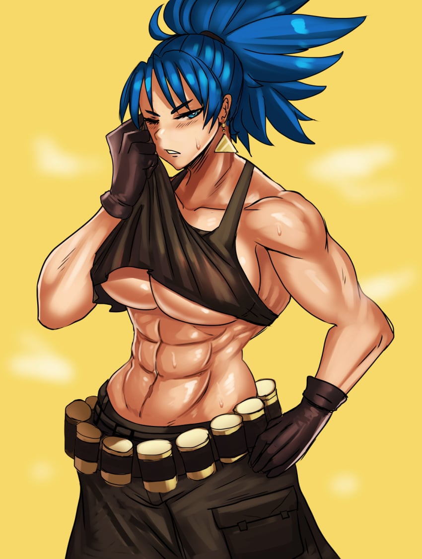 1girls abs big_breasts blue_eyes blue_hair breasts clothed commission earrings ezzyecchi female female_focus female_only gloves king_of_fighters large_breasts leona_heidern medium_hair muscular_female snk solo sweat tank_top underboob