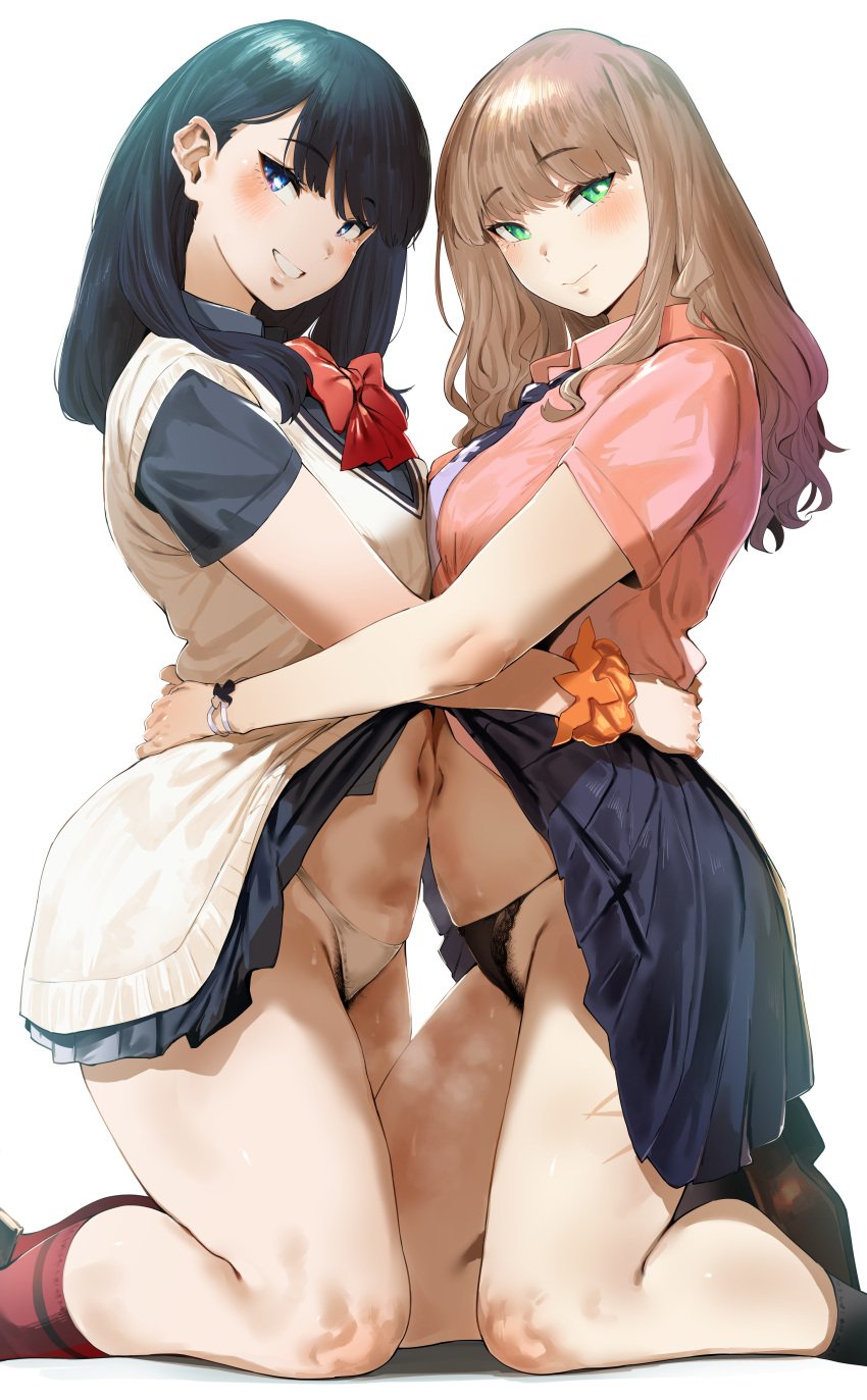 2girls black_hair blue_eyes blush breasts brown_hair female flashing_panties green_eyes gridman_universe hero_neisan hi_res light-skinned_female light_skin medium_breasts minami_yume naughty_face panties pubic_hair pubic_hair_peek school_uniform schoolgirl smile ssss.dynazenon ssss.gridman takarada_rikka thick_thighs thighs