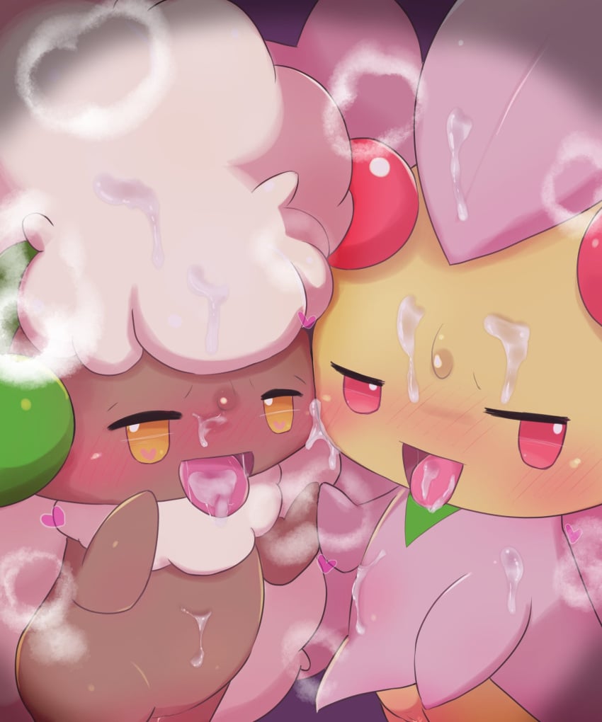 ambiguous_gender badwingm blush cherrim cum cum_on_body cum_on_face cum_on_tongue generation_4_pokemon generation_5_pokemon hand_holding heart-shaped_pupils looking_at_viewer open_mouth pokémon_(species) pokemon tongue_out whimsicott