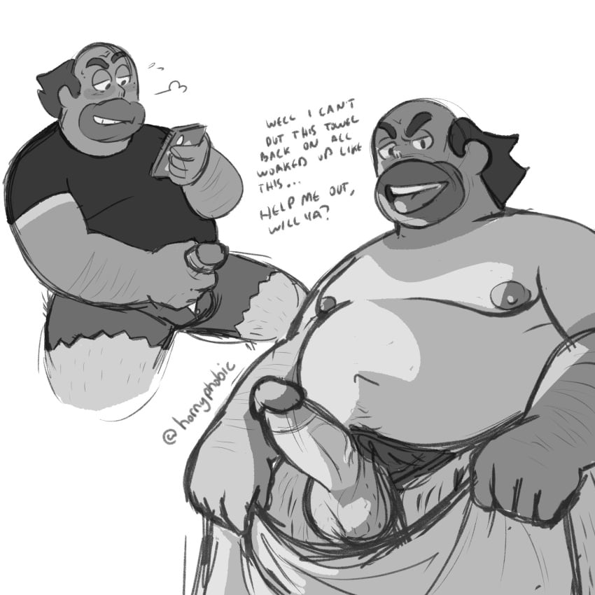 balls beard boner erection facial_hair greg_universe hornyphobic jean_shorts male male_only masturbation monochrome overweight penis penis_out shirt solo solo_male speech_bubble steven_universe tanline towel