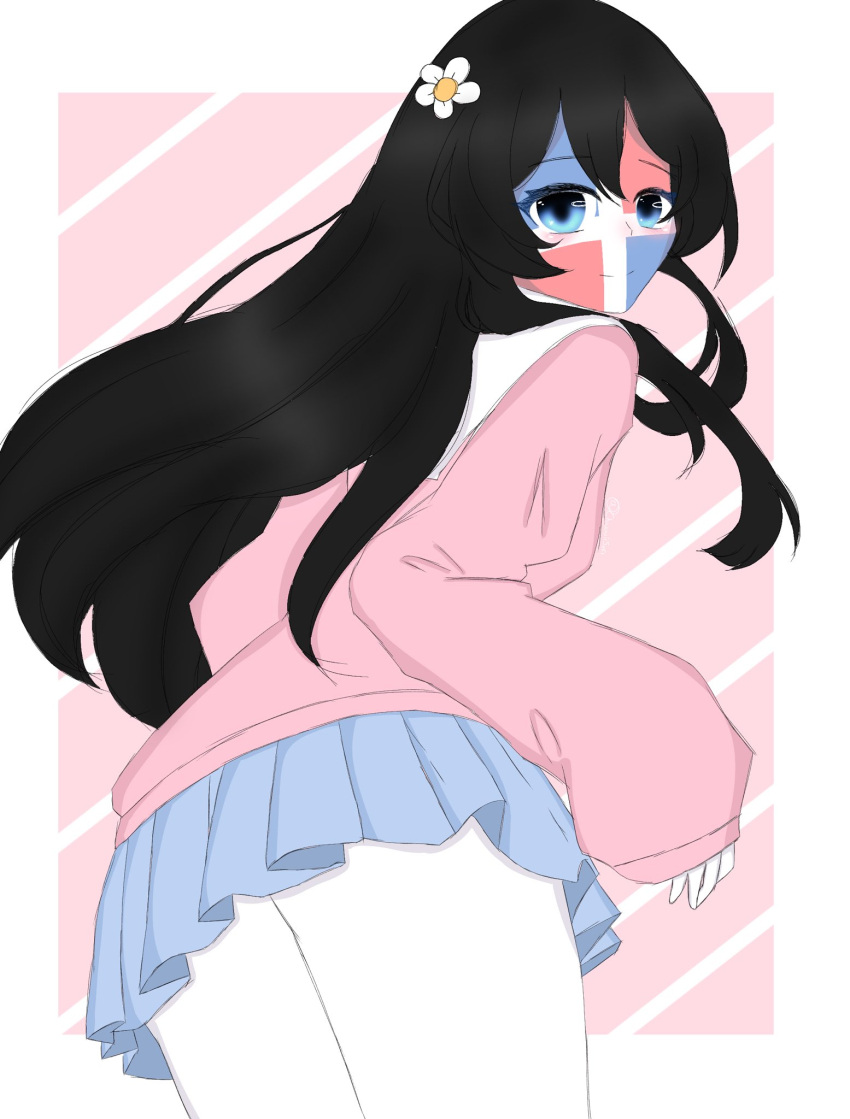 black_hair blue_eyes clothing countryhumans countryhumans_girl cute dominican_republic_(countryhumans) flower flower_in_hair long_hair pink_clothing safe sfw simple_background