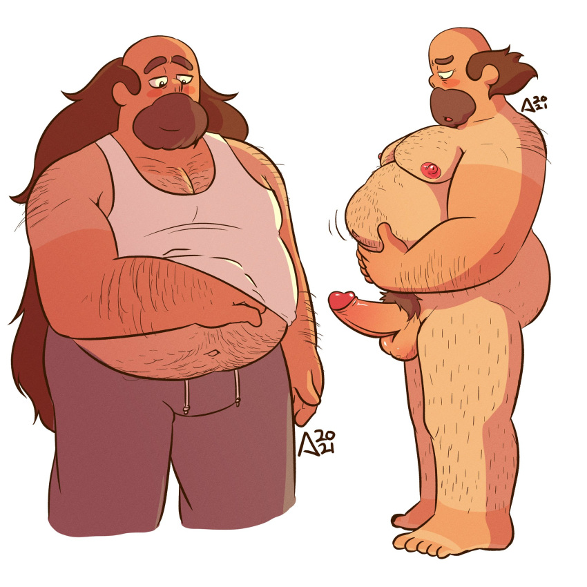 artist_request balls beard boner erection facial_hair fully_clothed greg_universe male male_only mismatched_tanlines nude overweight penis scratching solo solo_male steven_universe tank_top tanline