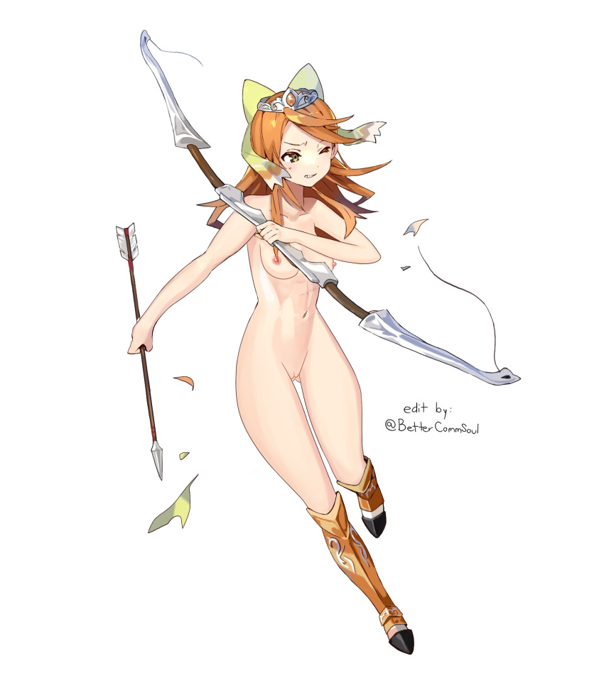 1girls abs arrow_(projectile) ass_visible_through_thighs bare_arms bare_legs bare_thighs bettercommsoul bow_(weapon) breasts broken_weapon clenched_teeth completely_nude crown edit etie_(fire_emblem) female female_only fire_emblem fire_emblem_engage fire_emblem_heroes full_body green_eyes hairbow legs long_hair medium_breasts naked_boots naked_footwear nintendo nipples nude nude_female nude_filter one_eye_closed orange_hair pussy solo thighs torn_clothes weapon white_background