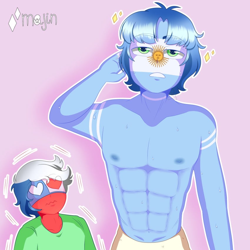 2boys argentina_(countryhumans) blue_hair chile_(countryhumans) countryhumans light_blue_body light_blue_skin light_pink_background muscular muscular_male pecs pectorals short_hair simple_background