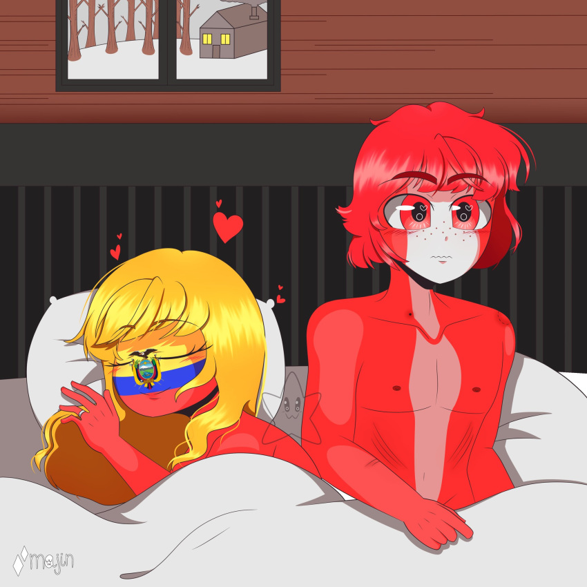 1boy 1girls bed bedroom before_sex countryhumans countryhumans_girl ecuador_(countryhumans) heart muscular peru_(countryhumans)