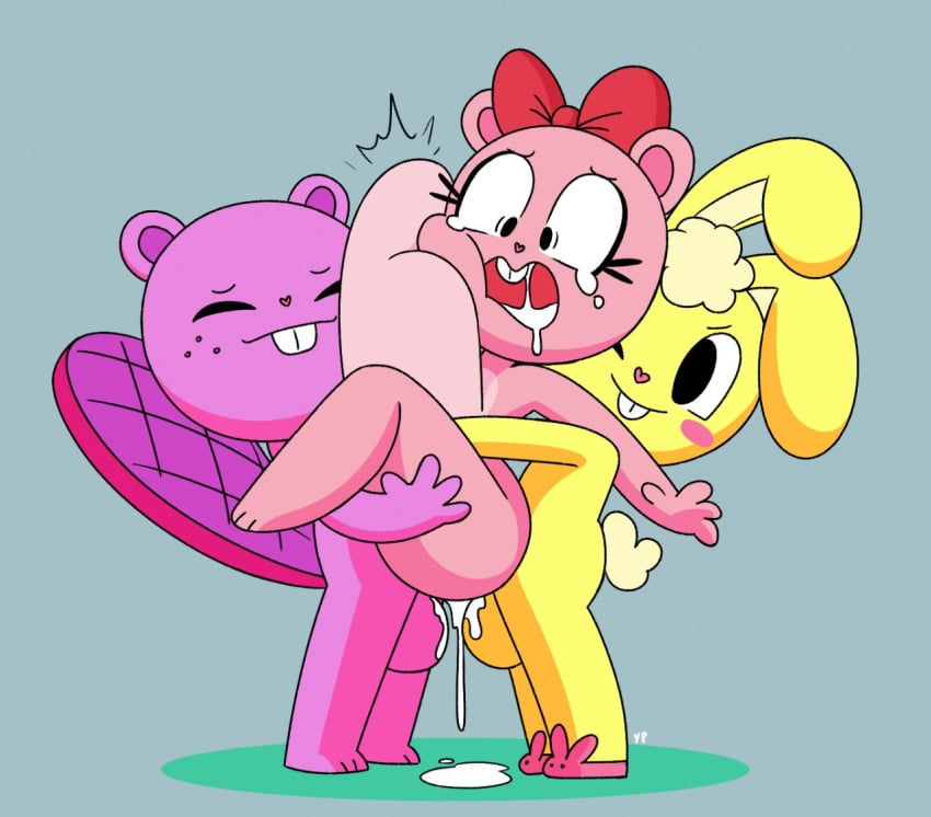 anthro big_penis bodily_fluids crying cuddles_(htf) cum cum_drip cum_inside deep_penetration dripping female genital_fluids genitals giggles_(htf) group happy_tree_friends huge_cock hyper hyper_genitalia hyper_penetration hyper_penis hyper_stomach_bulge male penetration penis sex small_dom stomach_bulge tears toothy_(htf) trio yopy