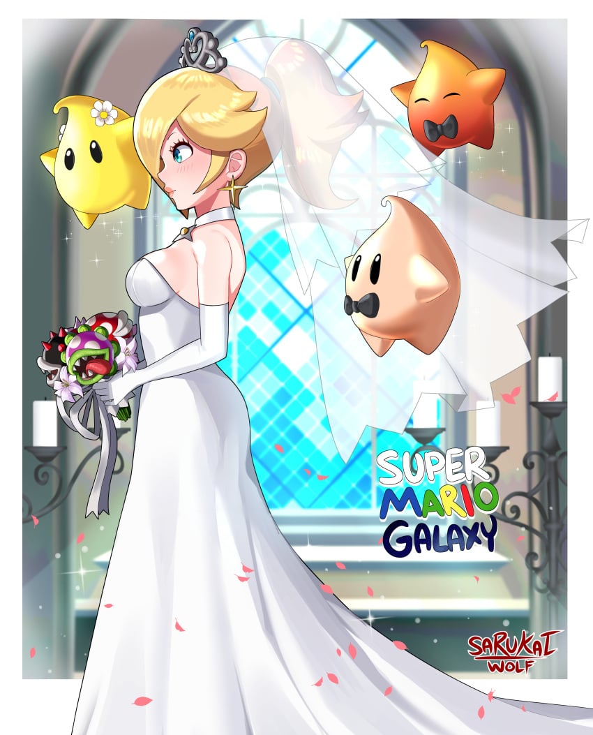 1girls blonde_hair bouquet breasts bride dino_piranha female light-skinned_female luma mario_(series) nintendo not_porn piranha_plant prickly_piranha_plant princess_rosalina sarukaiwolf solo super_mario_galaxy super_mario_odyssey wedding_dress wedding_peach_(super_mario_odyssey)_(cosplay) white_skin