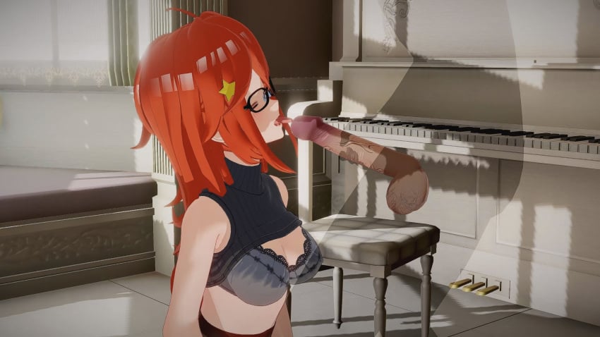 16:9 16:9_aspect_ratio 1girls bra breasts closed_eyes female glasses go-toubun_no_hanayome indoors licking licking_penis light-skinned light-skinned_female light_skin long_hair nakano_itsuki open_mouth penis penis_grab penis_licking penis_tip piano red_hair room star_hair_ornament testicles tongue tongue_out transparent_male veiny_penis