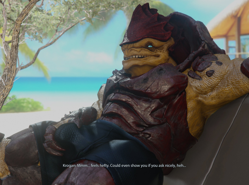 3d 3d_(artwork) alien beach blue_eyes bottomwear bulge bulge_fondling bulge_grab clothed clothing dialogue digital_media_(artwork) english_text hi_res krogan looking_at_viewer male male_only mass_effect muscular muscular_male open_mouth outside pupils reclining rooking seaside shorts shorts_only sitting slit_pupils solo teeth text