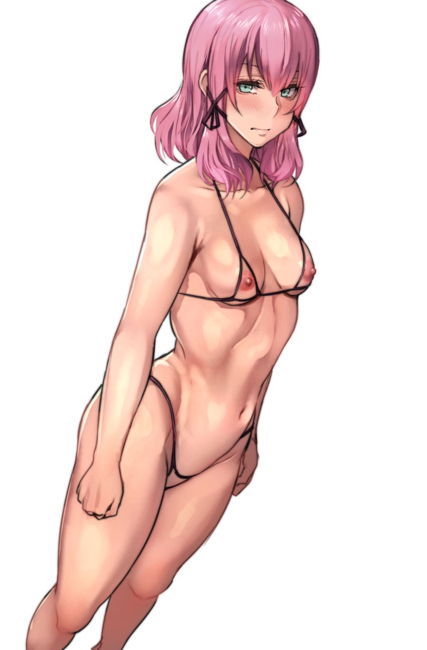 1girls 2019 blush breasts crotchless_bikini cupless_bikini female female_only green_eyes hair_between_eyes hair_ornament highleg highleg_bikini highres improper_young_lady_(pepe_(jonasan)) looking_at_viewer medium_breasts micro_bikini navel nipples original pepe_(jonasan) pink_hair simple_background solo standing thighs thong thong_bikini white_background x_hair_ornament