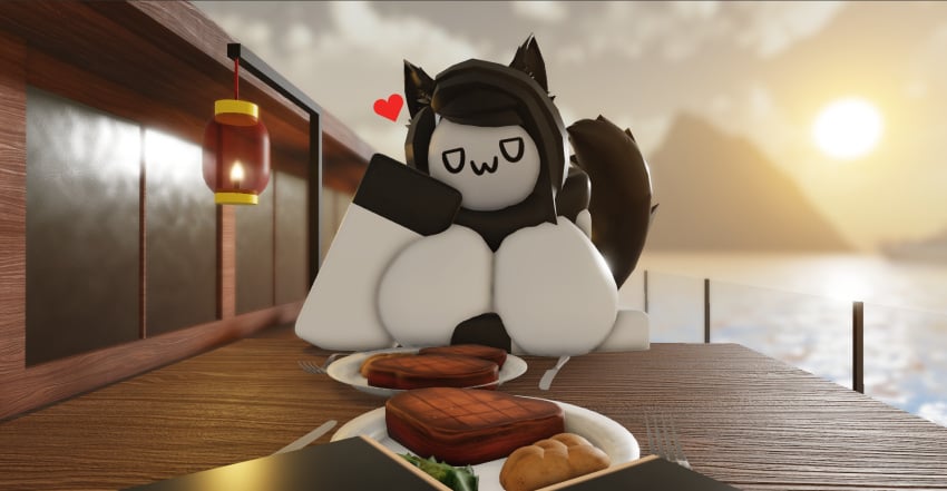 3d anthro anthro_on_human big_breasts black_fur black_hair clothes date dating detailed_background food furry furry_female furry_on_human heart imminent_sex kitchen_utensils large_breasts larger_female long_hair love male_human/female_anthro male_pov neck_tuft nonalterna ocean pov restaurant roblox robloxian safe self_upload skull_face skull_mask sunset table tail wagging_tail water white_shirt wholesome