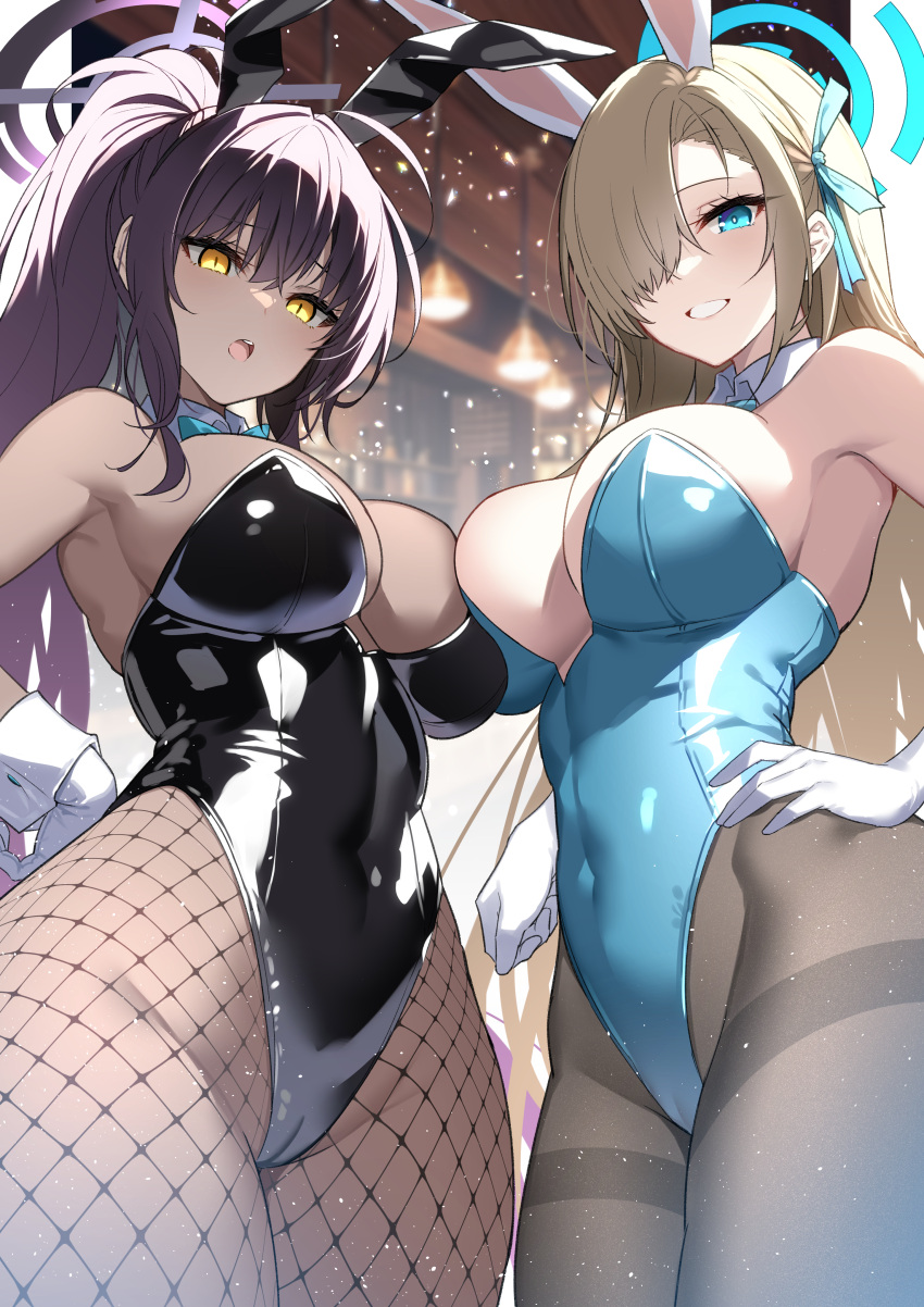 2girls :o absurdres animal_ears aosaki_yukina asuna_(blue_archive) asymmetrical_docking bare_shoulders black_hair black_leotard blonde_hair blue_archive blue_eyes blue_leotard blue_ribbon breast_press bunny_ears bunnysuit cameltoe commentary_request covered_navel cowboy_shot dark-skinned_female dark_skin detached_collar fake_animal_ears female fishnet_pantyhose fishnets gloves grey_pantyhose grin hair_over_one_eye hair_ribbon highres karin_(blue_archive) karin_(bunny)_(blue_archive) leotard long_hair looking_at_viewer multiple_girls open_mouth pantyhose playboy_bunny ponytail rabbit_ears ribbon smile standing strapless strapless_leotard thighband_pantyhose thighs very_long_hair white_gloves wrist_cuffs yellow_eyes