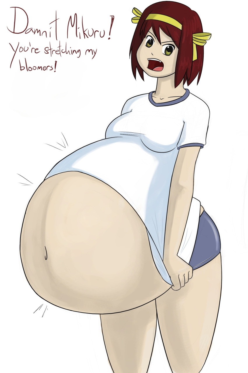 2girls annoyed big_belly bloomers brown_hair complaining cute_fangs english_text female female_only female_pred multiple_girls offscreen_character okc_ohno pyxxyl shouting spoiled suzumiya_haruhi suzumiya_haruhi_no_yuuutsu text vore vore_belly white_background