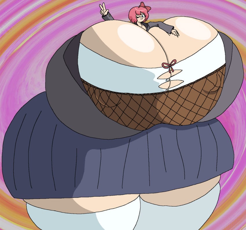 1girls ass ass_bigger_than_head big_hips big_thighs boob_window breasts breasts_bigger_than_head cleavage clothed doki_doki_literature_club female female_focus female_only fully_clothed giant_breasts gigantic_ass gigantic_breasts gigantic_thighs huge_hips huge_thighs hyper hyper_ass hyper_breasts hyper_everything hyper_hips hyper_hourglass hyper_thighs massive_thighs nipples_visible_through_clothing peace_sign pink_hair pleated_skirt queencurvy sayori_(doki_doki_literature_club) school_uniform smile solo straining_buttons straining_clothing thunder_thighs