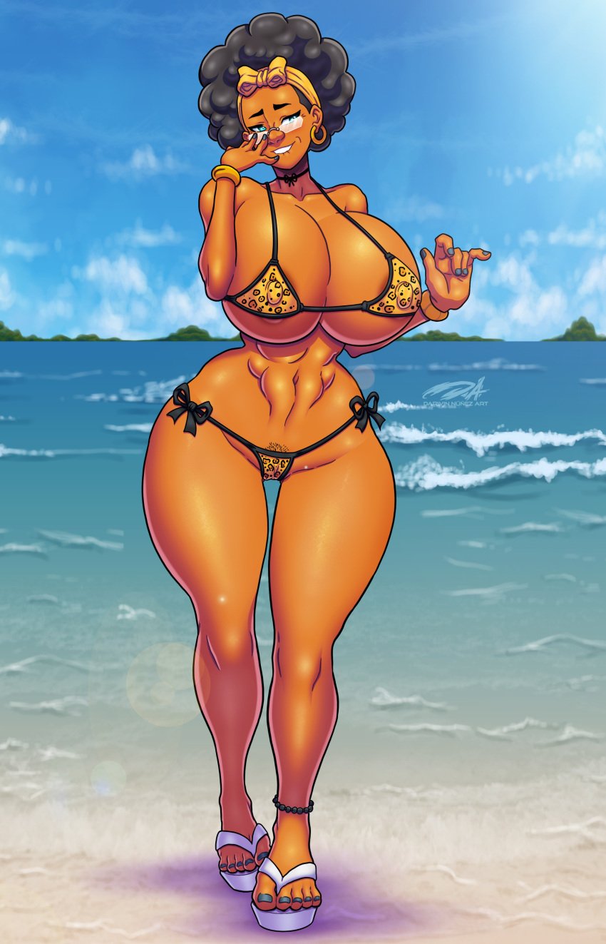 1girls absurd_res afro beach big_breasts bikini biting_own_lip black_hair blue_eyes dark-skinned_female dark_skin darkereve earrings female female_only gilf glasses hairband leopard_print leopard_print_bikini looking_at_viewer mature mature_female nipple_bulge rita_cadela seaside smiling smiling_at_viewer solo thick_thighs wide_hips