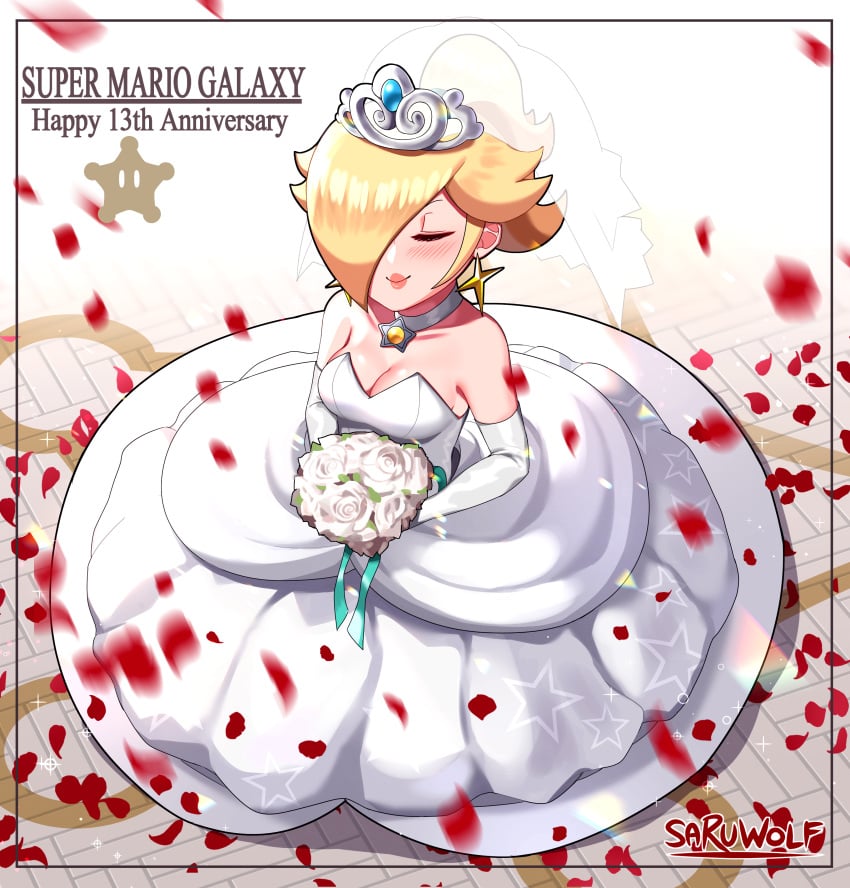 blonde_hair breasts bridal_gown bridal_veil bride female mario_(series) nintendo princess_rosalina sarukaiwolf solo super_mario_galaxy super_mario_odyssey wedding_dress wedding_peach_(super_mario_odyssey)_(cosplay) white_skin