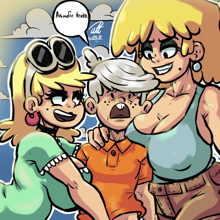 1boy 2girls aged_up big_breasts blonde_hair blush breasts collar curvy earrings freckles glasses_on_head huge_breasts incest leni_loud lincoln_loud lori_loud mole nickelodeon nipple_bulge penicilino123 pepitocuario123 pleasure_face smiling spanish_text the_loud_house touching white_hair white_skin worried worried_expression worried_face