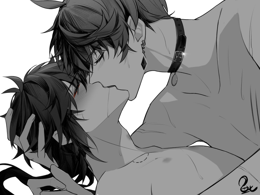 2boys bare_pectorals bare_shoulders bite_mark bite_mark_on_neck bite_marks blush collar collarbone deep_kiss earrings eyeliner genshin_impact greyscale jewelry kissing lying makeup male monochrome multiple_boys on_back pectorals red_eyeliner saliva saliva_trail single_earring tartaglia_(genshin_impact) white_background yaoi zhongli_(genshin_impact) 废鱼点心