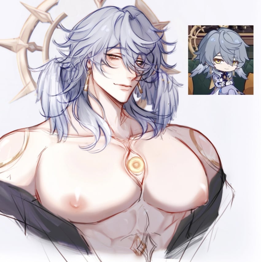 abs bara bara_tiddies bara_tits big_pecs blue_hair breasts chest eyes honkai:_star_rail jacket kinzlev large_pectorals looking_at_viewer male male_boobs male_focus male_only male_tits muscular muscular_male nipples open_jacket pecs pectorals sketch sunday_(honkai:_star_rail)