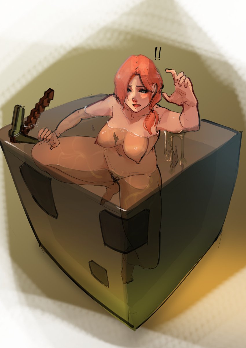 !! 1female 1girls alex_(minecraft) big_breasts female gelatinous_cube ginger ginger_hair green_eyes hair_tie human light-skinned_female light_skin long_hair minecraft monster naked naked_female nipples orange_hair pale_skin pickaxe pubic_hair red_hair restrained simple_background slime slime_(minecraft) slime_monster slimy sticky thick thick_legs thick_thighs tied_hair trapped weapon