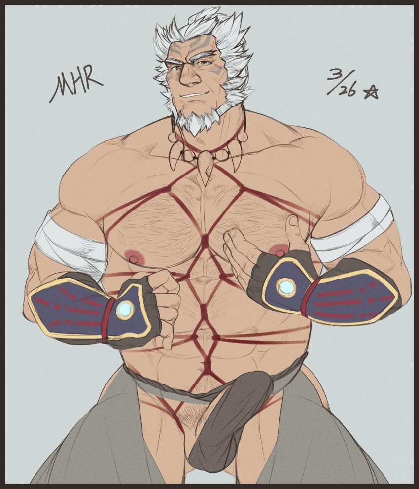 balls bara beard boner erection erection_under_clothes face_markings facial_hair fugen_(monster_hunter_rise) glensaru male male_only monster_hunter monster_hunter_rise muscles muscular penis rope shirtless solo solo_male white_hair