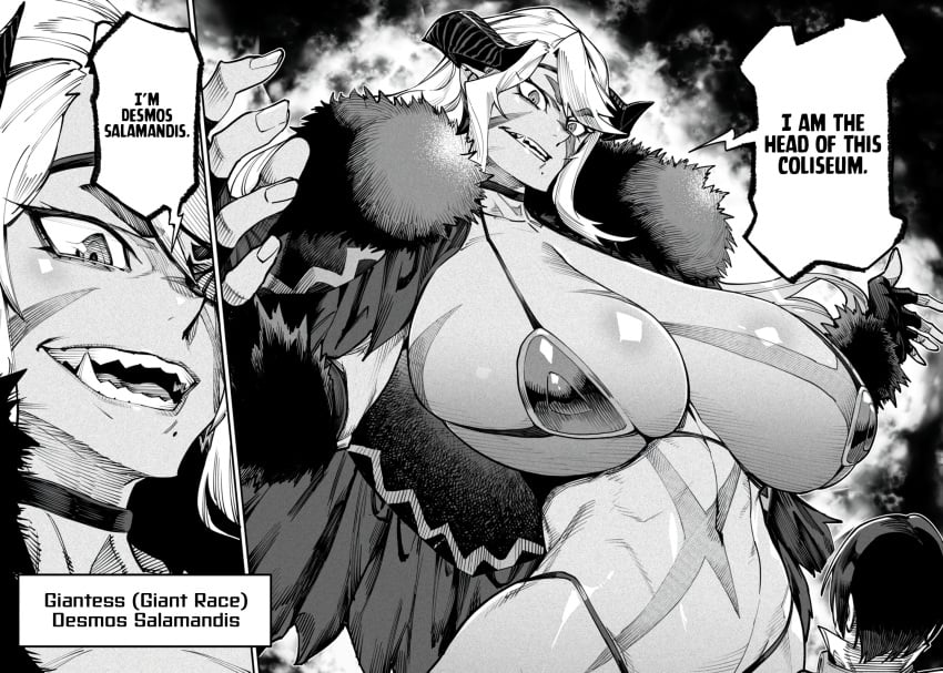 1girls amazon big_breasts bigger_female bikini_armor breasts choker cloak dark-skinned_female desmos_salamandis fangs female giant giantess horns huge_breasts long_hair manga mini_giantess muscular_female navel reincarnation_colosseum scars sharp_teeth tall_female taller_girl thick_thighs zunta