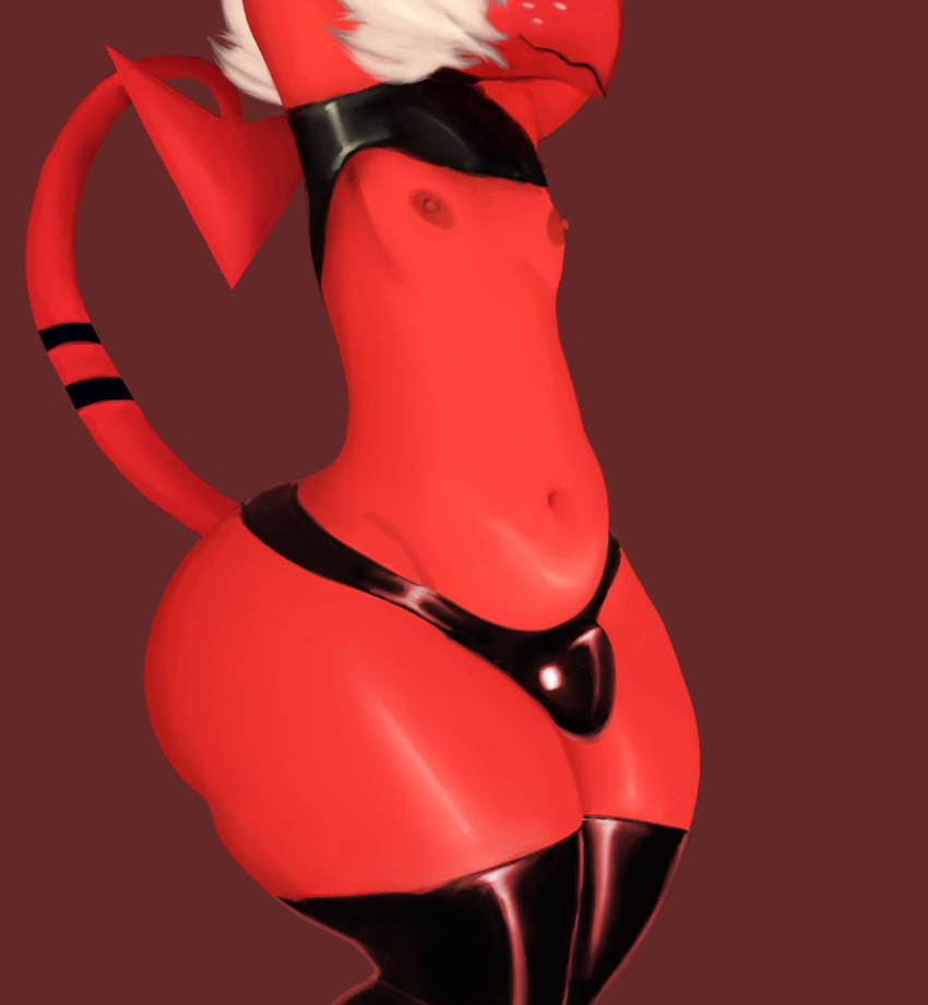 2023 ahoeforcoffee arm_over_head bulge clothed clothing demon demon_humanoid english_text femboy hair helluva_boss hi_res humanoid imp latex latex_clothing latex_legwear latex_stockings male male_shortstack moxxie_(helluva_boss) nipples raised_arm raised_tail red_body skimpy slightly_chubby solo standing tail text thick_thighs white_hair wide_hips