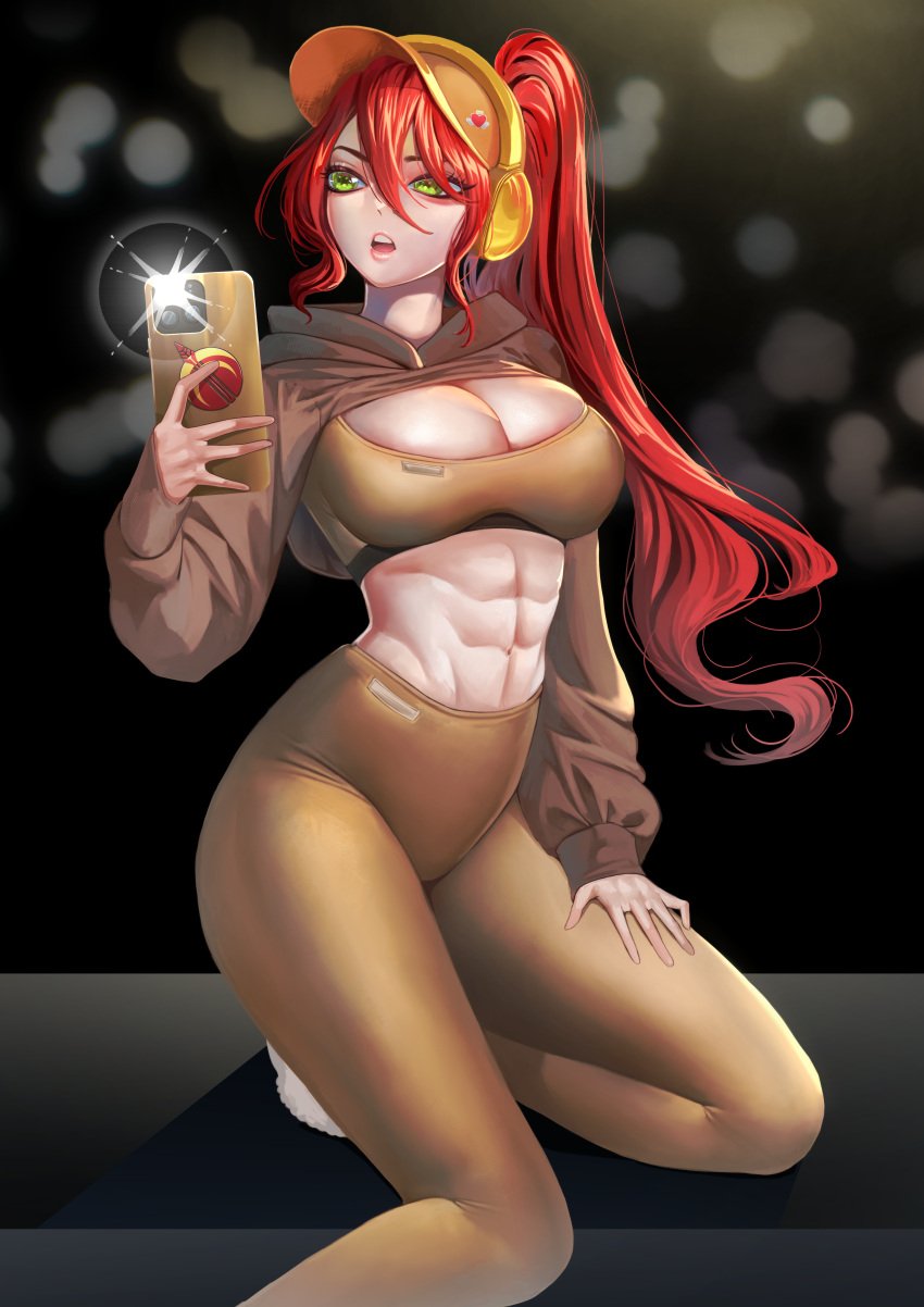 1girls abs arc_family_crest athletic athletic_female bare_midriff fit_female green_eyes headphones high_ponytail lillica long_hair muscular muscular_female ponytail pyrrha_nikos red_hair rwby shiny_hair shiny_skin sidelocks smartphone solo solo_female sportswear tight_clothing