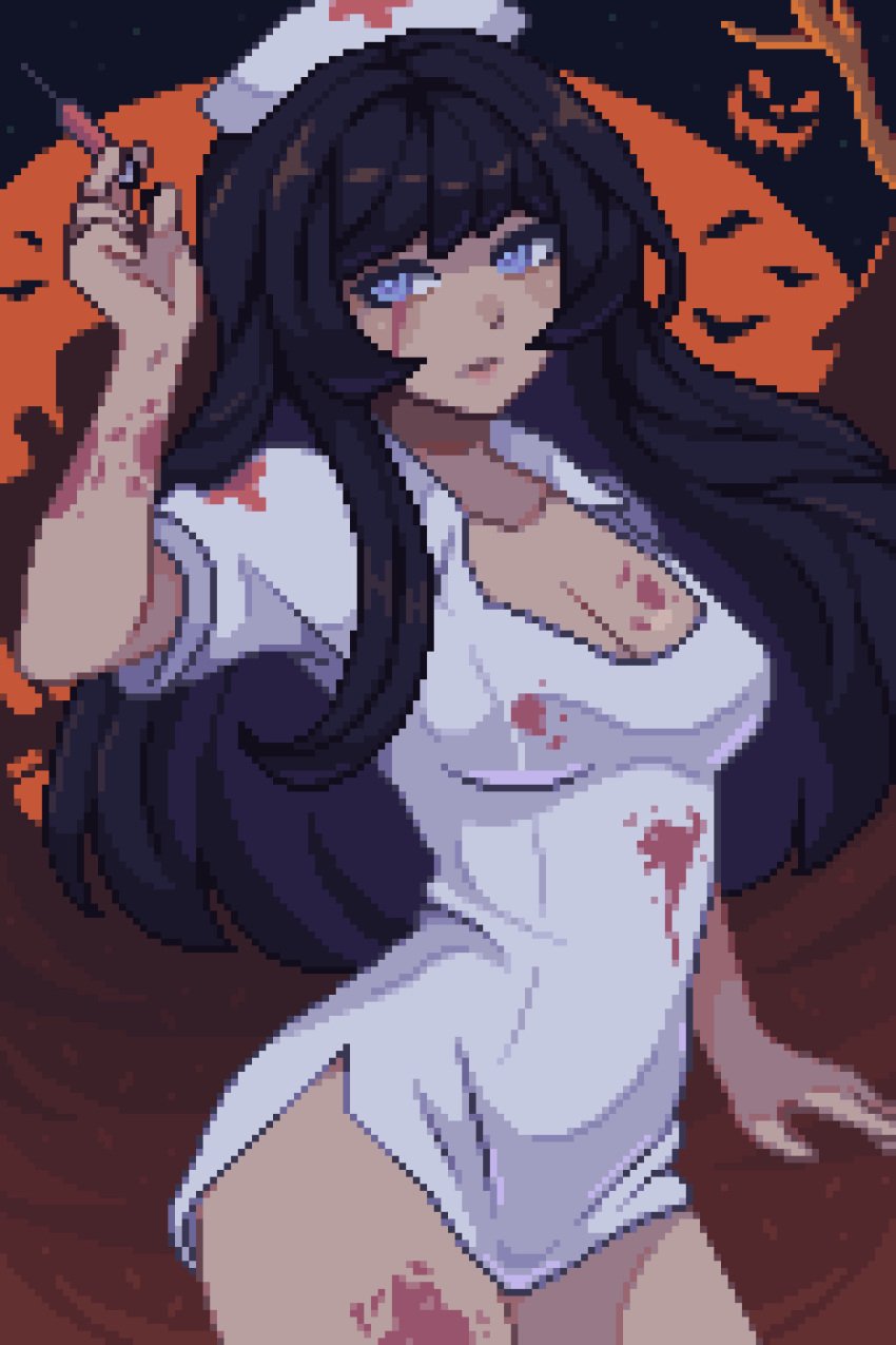 2020s 2023 black_hair blood blood_on_arm blood_on_breasts blood_on_clothing blood_on_face blood_on_thighs blood_stain blue_eyes cleavage collarbone crying_blood crying_with_eyes_open female halloween halloween_costume holding_syringe kana_fujisawa long_hair looking_away nurse nurse_cap nurse_costume nurse_uniform pixel_art solo syringe thighs yumykon yumyverse