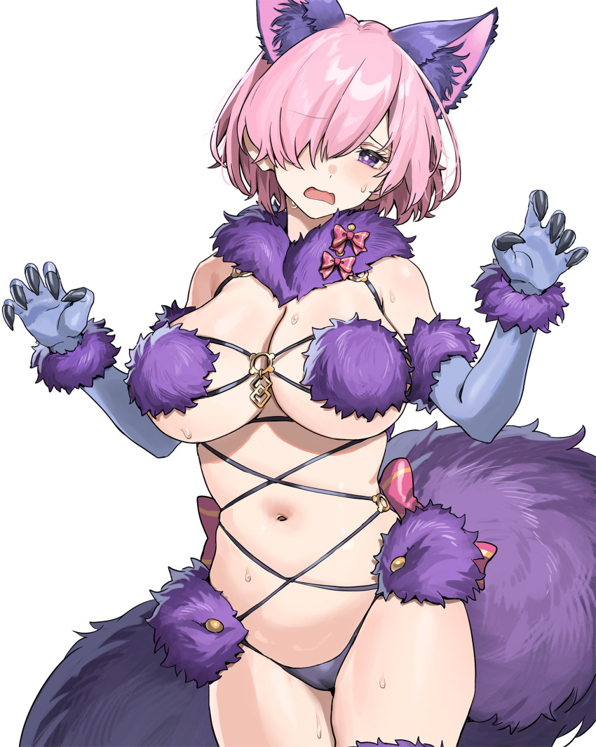 aochoku cameltoe claws cleavage embarrassed fate/grand_order fate_(series) female hair_over_one_eye large_breasts mash_kyrielight mash_kyrielight_(dangerous_beast) skindentation solo sweat wolf_costume wolf_ears wolf_tail