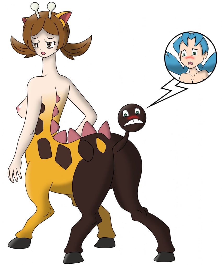 2girls 4_legs after_transformation alternate_species antennae_(anatomy) blue_eyes blue_hair blush body_spots breasts brown_body brown_eyes brown_hair brown_skin confusion digital_drawing_(artwork) digital_media_(artwork) duo embarrassed eyelashes female female_only generation_2_pokemon girafarig giraffe giraffid hand_on_hip hi_res hooves hybrid implied_transformation joyvell kris_(pokemon) long_neck looking_down_at_self lyra_(pokemon) mammal monster_girl_(genre) mouth_closed multiple_girls neck_spikes nintendo nipples not_furry nude open_mouth pokemon pokemon_(species) pokemon_taur pokemon_trainer pokemon_transformation prick_ears side_boob simple_background standing taur transformation twintails udtf what what_has_science_done white_background white_body white_skin yellow_body yellow_skin