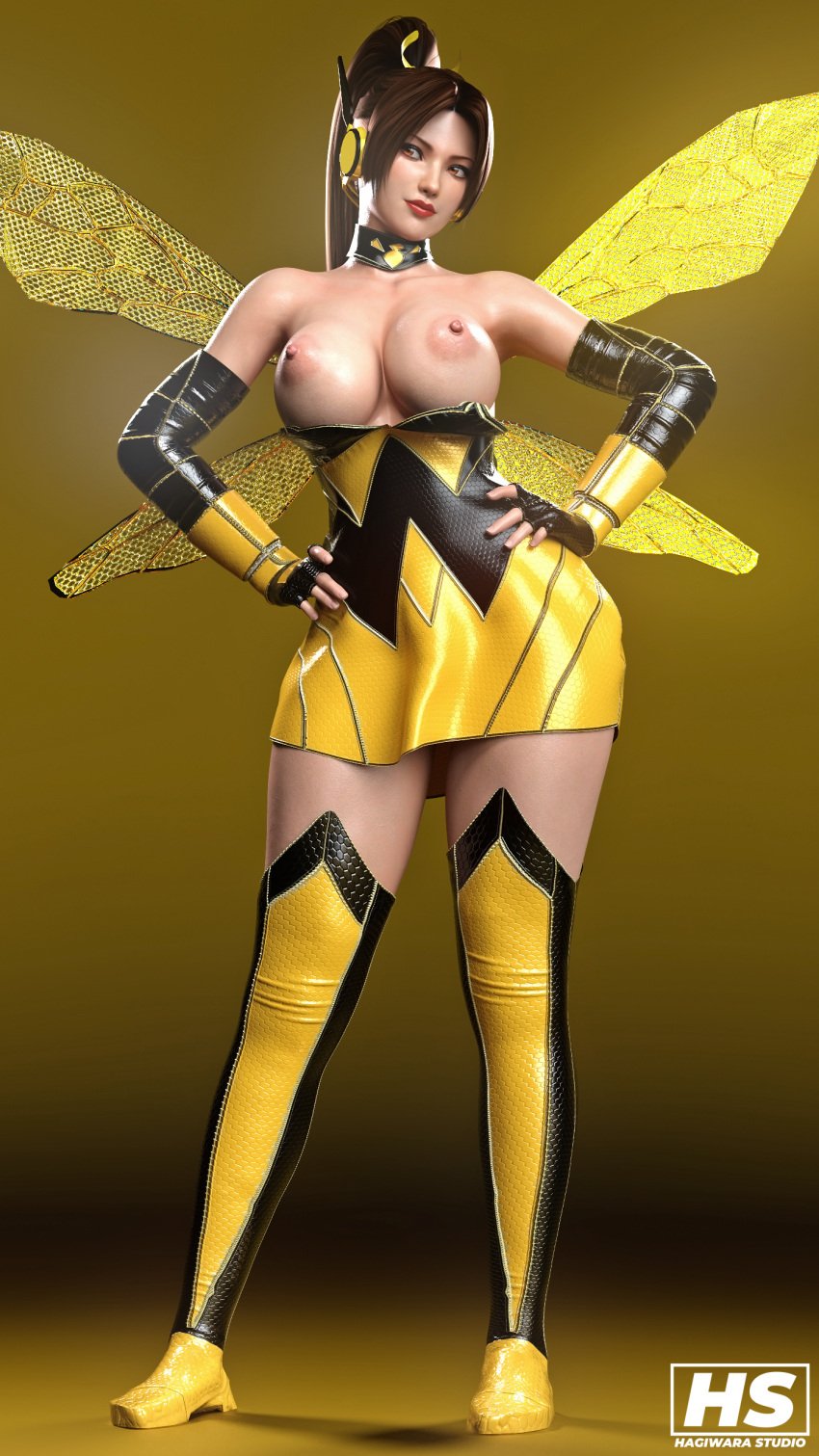 1girls 3d areolae big_breasts breasts_out brown_hair clothed cosplay exposed_breasts fatal_fury female female_only hagiwara_studio king_of_fighters large_breasts long_hair mai_shiranui marvel nipples ponytails snk solo solo_female tagme wasp_(cosplay) wasp_(marvel)