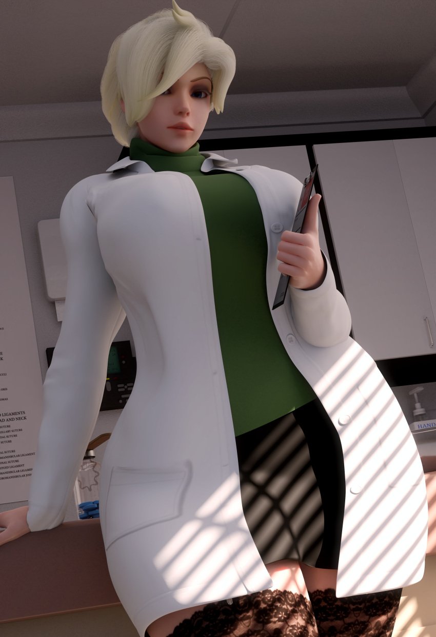 1girls 3d angela_ziegler blizzard_entertainment blonde_hair clipboard desk doctor dr._ziegler female female_only fully_clothed id_card labcoat large_breasts light-skinned_female looking_at_viewer looking_down_at_viewer mercy nylons office overwatch sampples skirt solo solo_female thick_thighs turtleneck