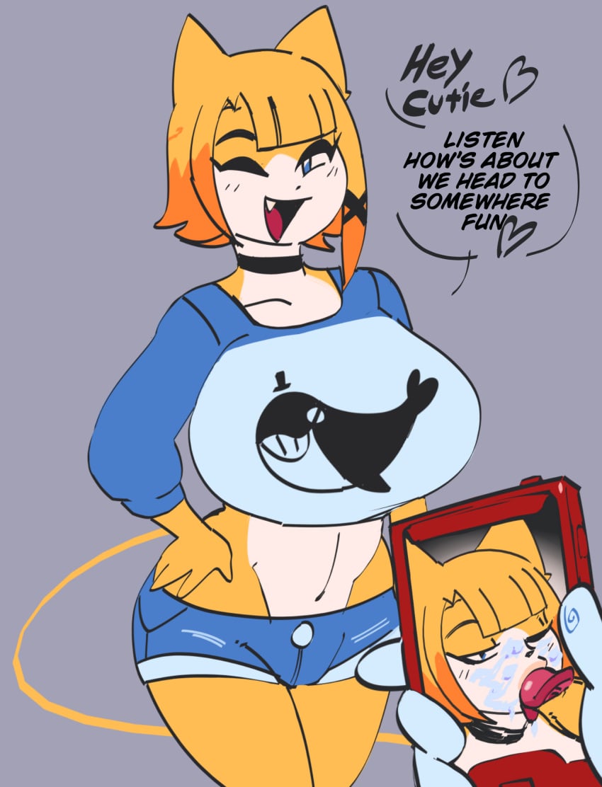 big_breasts blowjob boner cat_ears cat_girl cat_humanoid cat_tail clothed cum erection feline feline feline_ears feline_humanoid feline_tail fellatio fully_clothed furry juxtaposition large_breasts mooncheez3 penis phone