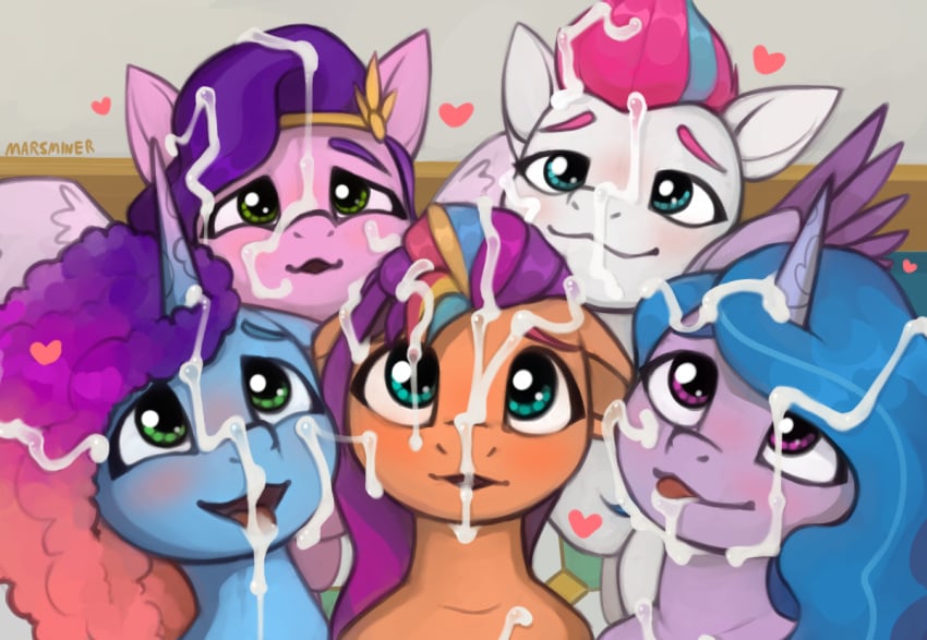 bodily_fluids bukkake cum cum_on_face equid equine female feral genital_fluids group hasbro horse izzy_moonbow_(mlp) mammal marsminer misty_brightdawn_(mlp) mlp_g5 my_little_pony pipp_petals_(mlp) pony sunny_starscout_(mlp) zipp_storm_(mlp)