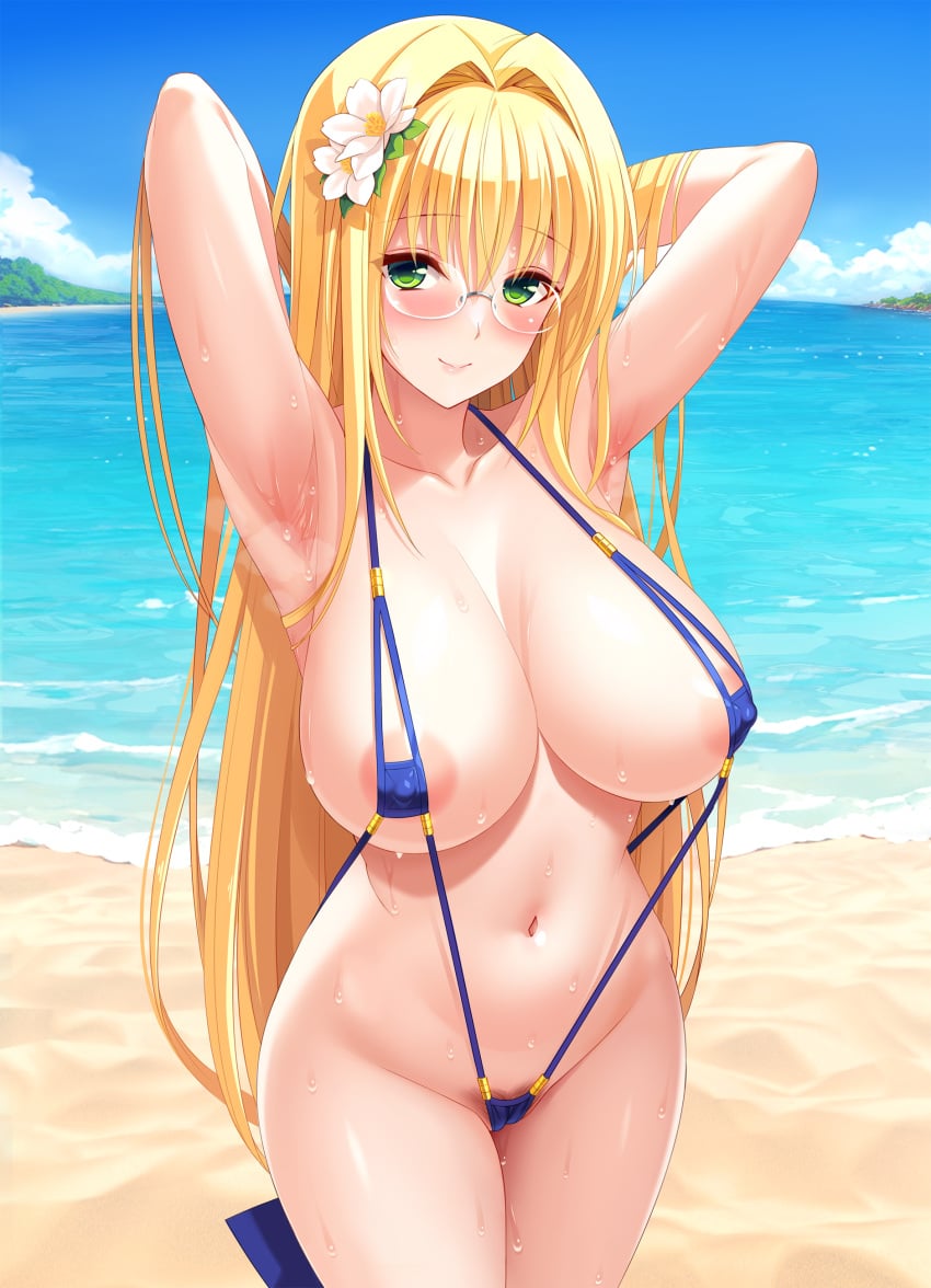 absurdres areola_slip armpits arms_up bare_shoulders beach blonde_hair breasts cleavage collarbone covered_erect_nipples cygnus_(cygnus7) day female flower flower_on_head green_eyes hair_between_eyes hair_intakes highres large_breasts long_hair looking_at_viewer navel ocean outdoors pubic_hair rimless_eyewear sand slingshot_swimsuit smile solo stomach sunlight sweat swimsuit tearju_lunatique thighs to_love-ru to_love-ru_darkness very_long_hair water