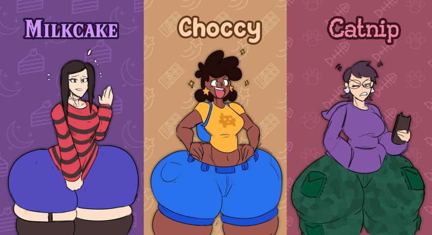 3girls big_ass big_butt catnip_(tasteofchoklit) chokolatta dark-skinned_female glasses hoodie milkcake_(tasteofchoklit) rule_63 shorts tagme tasteofchoklit