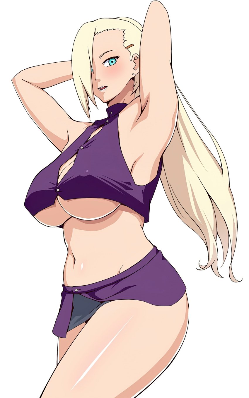 16:10_aspect_ratio 1girls adapted_costume alternate_version_at_source alternative_body_build alternative_bust_size amanagiyakumo armpit_pose armpits arms_behind_head arms_up bare_arms bare_thighs blonde_hair blue_eyes blush breasts cleavage cleavage_cutout clothing clothing_cutout cowboy_shot crop_top deep_armpits earrings female female female_only fringe fringe_hair front_slit hair_ornament hair_over_one_eye hairclip high_ponytail high_resolution ino_yamanaka jewelry kunoichi large_breasts long_hair looking_at_viewer miniskirt naruto naruto_shippuden navel orange_hairclip parted_lips platinum_blonde_hair ponytail presenting_armpit purple_crop_top purple_miniskirt purple_skirt sideboob simple_background skirt sleeveless smaller_version_at_source smooth_armpits solo stud_earrings thick_thighs thighs third-party_edit tied_hair topaz_a.i._gigapixel underboob upscaled very_high_resolution very_long_hair white_background