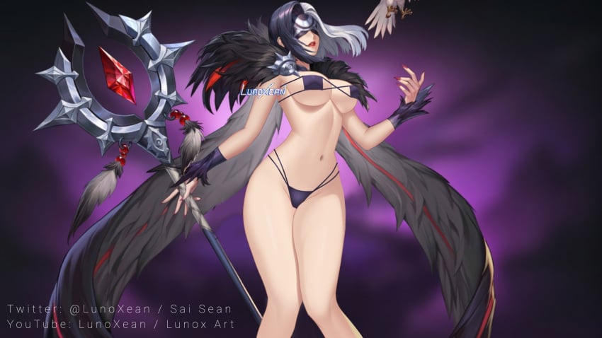 big_breasts bikini bird bra breasts legs lipstick long_hair lunoxean mage magical_girl mobile_legends mobile_legends:_adventure nail_polish nipple_bulge nude_edit panties pharsa_(mobile_legends) raven_(bird) staff thick_thighs