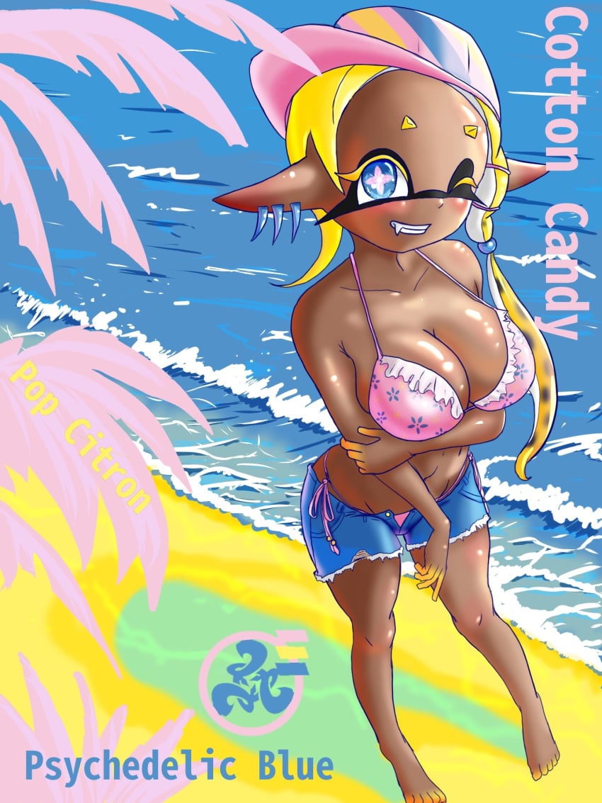 2023 arm_holding beach big_breasts black_eyelashes blue_eyes blue_pseudo_hair breasts brown_body brown_skin color dark-skinned_female dark_skin digital_media_(artwork) frye_(splatoon) full_body full_color hat headwear hi_res inkling jean_shorts looking_at_viewer one_eye_closed palm_trees pink_bikini pink_bikini_bottom pink_bikini_top pink_bra pointy_ears pseudo_hair sand showing_teeth splatoon splatoon_(series) splatoon_3 t2ukmyjm yellow_eyelashes yellow_hair